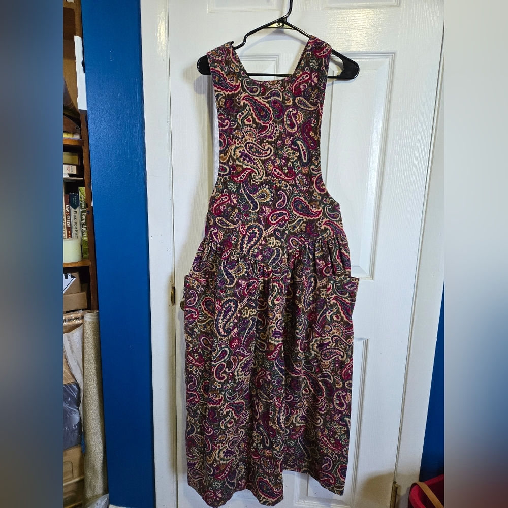 Windy Michaels 90s Multicolor Paisley Buttoned Top Cordory Overall Dress